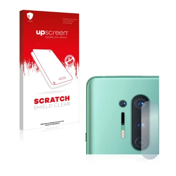 Vorderseite einer Produktverpackung mit dem Markenlogo upscreen. Daneben ist das Gerät OnePlus 8 Pro (NUR Kameraschutz) mit de