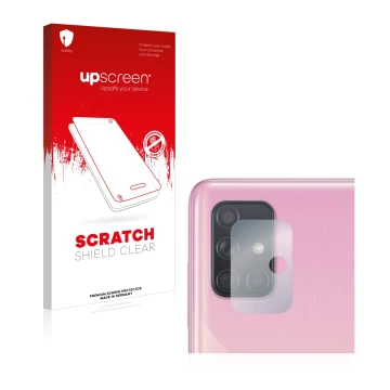 Vorderseite einer Produktverpackung mit dem Markenlogo upscreen. Daneben ist das Gerät Samsung Galaxy A51 (NUR Kameraschutz) m