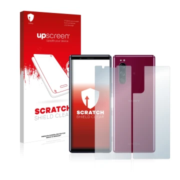 Vorderseite einer Produktverpackung mit dem Markenlogo upscreen. Daneben ist das Gerät Sony Xperia 5 (Display+Rückseite) mit d