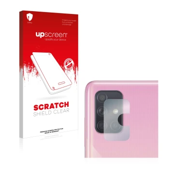 Vorderseite einer Produktverpackung mit dem Markenlogo upscreen. Daneben ist das Gerät Samsung Galaxy A71 (NUR Kameraschutz) m