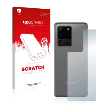 Vorderseite einer Produktverpackung mit dem Markenlogo upscreen. Daneben ist das Gerät Samsung Galaxy S20 Ultra (Rückseite) mi