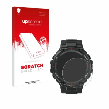 Vorderseite einer Produktverpackung mit dem Markenlogo upscreen. Daneben ist das Gerät Huami Amazfit T-Rex mit dem zugehörigen