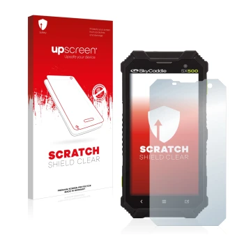 Vorderseite einer Produktverpackung mit dem Markenlogo upscreen. Daneben ist das Gerät SkyCaddie SX500 mit dem zugehörigen Dis