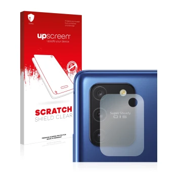 Vorderseite einer Produktverpackung mit dem Markenlogo upscreen. Daneben ist das Gerät Samsung Galaxy S10 Lite (NUR Kameraschu