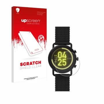 Vorderseite einer Produktverpackung mit dem Markenlogo upscreen. Daneben ist das Gerät Skagen Smartwatch Falster 3 mit dem zug