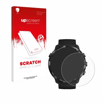 Vorderseite einer Produktverpackung mit dem Markenlogo upscreen. Daneben ist das Gerät Suunto 7 mit dem zugehörigen Displaysch