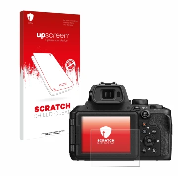 Vorderseite einer Produktverpackung mit dem Markenlogo upscreen. Daneben ist das Gerät Nikon Coolpix P950 mit dem zugehörigen 