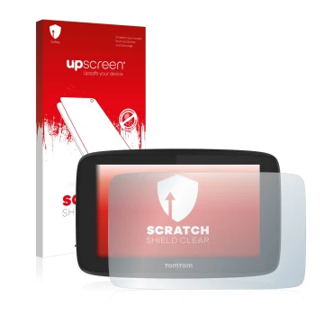 Vorderseite einer Produktverpackung mit dem Markenlogo upscreen. Daneben ist das Gerät TomTom Go Professional 520 mit dem zuge