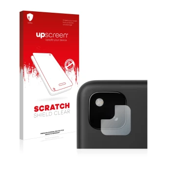 Vorderseite einer Produktverpackung mit dem Markenlogo upscreen. Daneben ist das Gerät Google Pixel 4a (NUR Kameraschutz) mit 