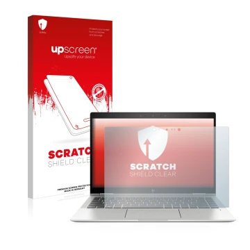 Vorderseite einer Produktverpackung mit dem Markenlogo upscreen. Daneben ist das Gerät HP Elitebook x360 1040 G6 mit dem zugeh