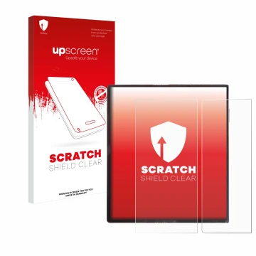 Vorderseite einer Produktverpackung mit dem Markenlogo upscreen. Daneben ist das Gerät Huawei Mate Xs mit dem zugehörigen Disp