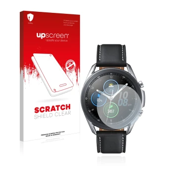 Vorderseite einer Produktverpackung mit dem Markenlogo upscreen. Daneben ist das Gerät Samsung Galaxy Watch 3 (41mm) mit dem z