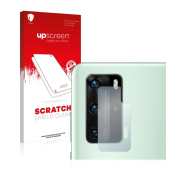 Vorderseite einer Produktverpackung mit dem Markenlogo upscreen. Daneben ist das Gerät Huawei P40 Pro (NUR Kameraschutz) mit d