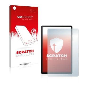 Vorderseite einer Produktverpackung mit dem Markenlogo upscreen. Daneben ist das Gerät Samsung Galaxy Tab S6 2020 mit dem zuge
