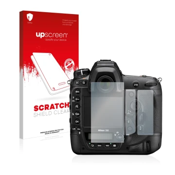 Vorderseite einer Produktverpackung mit dem Markenlogo upscreen. Daneben ist das Gerät Nikon D6 mit dem zugehörigen Displaysch