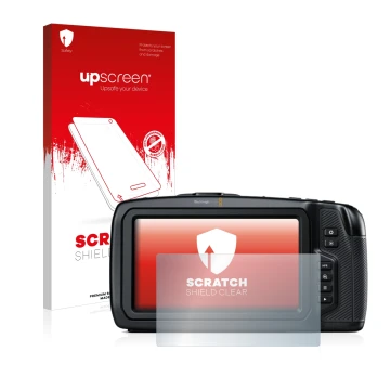 Vorderseite einer Produktverpackung mit dem Markenlogo upscreen. Daneben ist das Gerät Blackmagic Pocket Cinema Camera 6K mit 