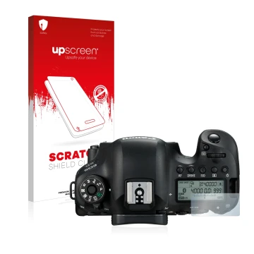 Vorderseite einer Produktverpackung mit dem Markenlogo upscreen. Daneben ist das Gerät Canon EOS 6D (Schulterdisplay) mit dem 