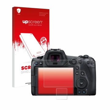 Vorderseite einer Produktverpackung mit dem Markenlogo upscreen. Daneben ist das Gerät Canon EOS R5 mit dem zugehörigen Displa