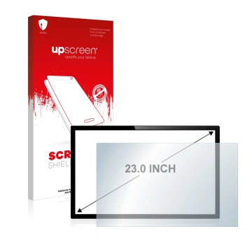 Vorderseite einer Produktverpackung mit dem Markenlogo upscreen. Daneben ist das Gerät mit dem zugehörigen Displayschutz abgeb