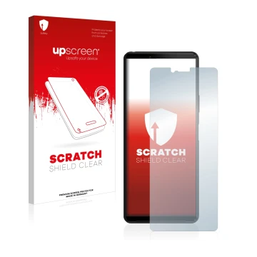 Vorderseite einer Produktverpackung mit dem Markenlogo upscreen. Daneben ist das Gerät Sony Xperia 10 II mit dem zugehörigen D