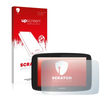 Vorderseite einer Produktverpackung mit dem Markenlogo upscreen. Daneben ist das Gerät TomTom Go Professional 6200 mit dem zug