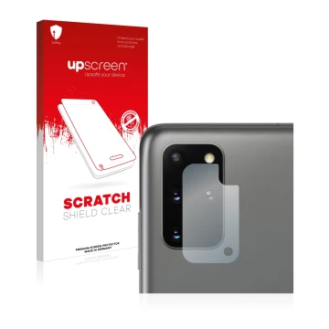 Vorderseite einer Produktverpackung mit dem Markenlogo upscreen. Daneben ist das Gerät Samsung Galaxy S20 Plus 5G (NUR Kameras