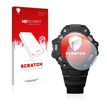 Vorderseite einer Produktverpackung mit dem Markenlogo upscreen. Daneben ist das Gerät Casio G-Shock GBD-H1000 mit dem zugehör