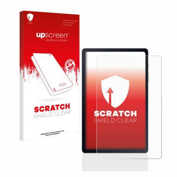 Vorderseite einer Produktverpackung mit dem Markenlogo upscreen. Daneben ist das Gerät Samsung Galaxy Tab S6 Lite LTE 2020 mit