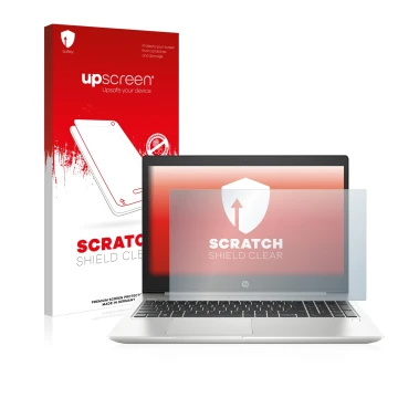 Vorderseite einer Produktverpackung mit dem Markenlogo upscreen. Daneben ist das Gerät HP ProBook 450 G6 mit dem zugehörigen D