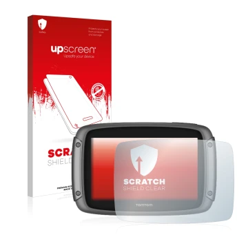 Vorderseite einer Produktverpackung mit dem Markenlogo upscreen. Daneben ist das Gerät TomTom Rider 50 mit dem zugehörigen Dis