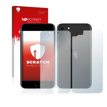 Vorderseite einer Produktverpackung mit dem Markenlogo upscreen. Daneben ist das Gerät Apple iPhone SE 2 2020 (Display+Rücksei