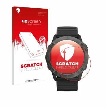 Vorderseite einer Produktverpackung mit dem Markenlogo upscreen. Daneben ist das Gerät Garmin Fenix 6X Pro Solar mit dem zugeh