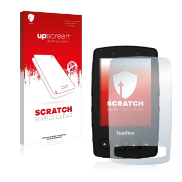 Vorderseite einer Produktverpackung mit dem Markenlogo upscreen. Daneben ist das Gerät TwoNav Aventura 2 mit dem zugehörigen D