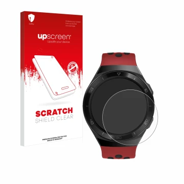 Vorderseite einer Produktverpackung mit dem Markenlogo upscreen. Daneben ist das Gerät Huawei Watch GT 2e mit dem zugehörigen 