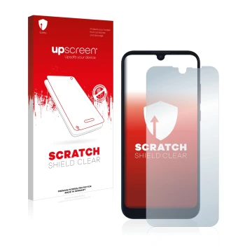 Vorderseite einer Produktverpackung mit dem Markenlogo upscreen. Daneben ist das Gerät Motorola Moto E6s mit dem zugehörigen D