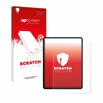Vorderseite einer Produktverpackung mit dem Markenlogo upscreen. Daneben ist das Gerät Apple iPad 12.9