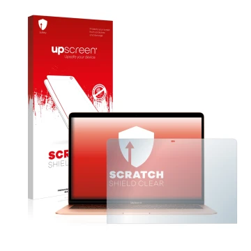 Vorderseite einer Produktverpackung mit dem Markenlogo upscreen. Daneben ist das Gerät Apple MacBook Air 13.3