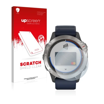 Vorderseite einer Produktverpackung mit dem Markenlogo upscreen. Daneben ist das Gerät Garmin quatix 6 mit dem zugehörigen Dis