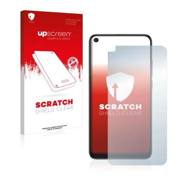 Vorderseite einer Produktverpackung mit dem Markenlogo upscreen. Daneben ist das Gerät TCL 10L mit dem zugehörigen Displayschu