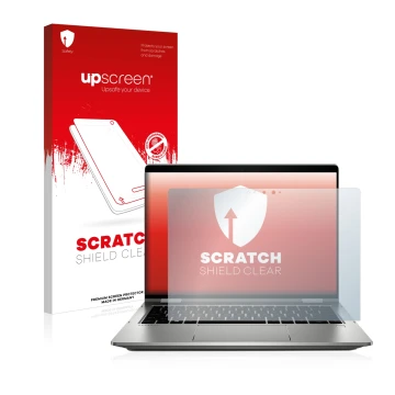 Vorderseite einer Produktverpackung mit dem Markenlogo upscreen. Daneben ist das Gerät HP ProBook x360 435 G7 mit dem zugehöri