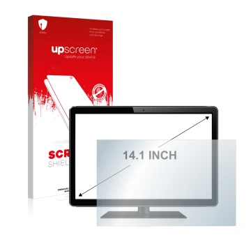 Vorderseite einer Produktverpackung mit dem Markenlogo upscreen. Daneben ist das Gerät mit dem zugehörigen Displayschutz abgeb