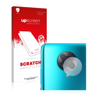 Vorderseite einer Produktverpackung mit dem Markenlogo upscreen. Daneben ist das Gerät Xiaomi Poco F2 Pro (NUR Kameraschutz) m