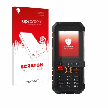 Vorderseite einer Produktverpackung mit dem Markenlogo upscreen. Daneben ist das Gerät RugGear RG170 mit dem zugehörigen Displ