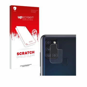 Vorderseite einer Produktverpackung mit dem Markenlogo upscreen. Daneben ist das Gerät Samsung Galaxy A21s (NUR Kameraschutz) 
