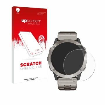 Vorderseite einer Produktverpackung mit dem Markenlogo upscreen. Daneben ist das Gerät Garmin quatix 6x Solar mit dem zugehöri