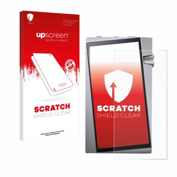 Vorderseite einer Produktverpackung mit dem Markenlogo upscreen. Daneben ist das Gerät Astell&Kern A&norma SR25 mit dem zugehö