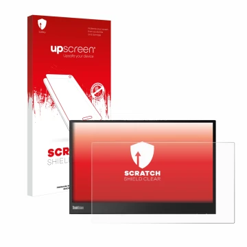 Vorderseite einer Produktverpackung mit dem Markenlogo upscreen. Daneben ist das Gerät Lenovo ThinkVision M14 16:9 mit dem zug