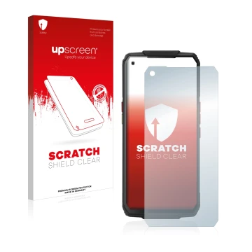 Vorderseite einer Produktverpackung mit dem Markenlogo upscreen. Daneben ist das Gerät Oukitel WP7 mit dem zugehörigen Display