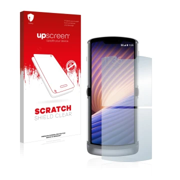 Vorderseite einer Produktverpackung mit dem Markenlogo upscreen. Daneben ist das Gerät Motorola Razr 5G 2020 mit dem zugehörig