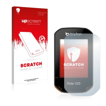 Vorderseite einer Produktverpackung mit dem Markenlogo upscreen. Daneben ist das Gerät Bryton Rider 320 mit dem zugehörigen Di